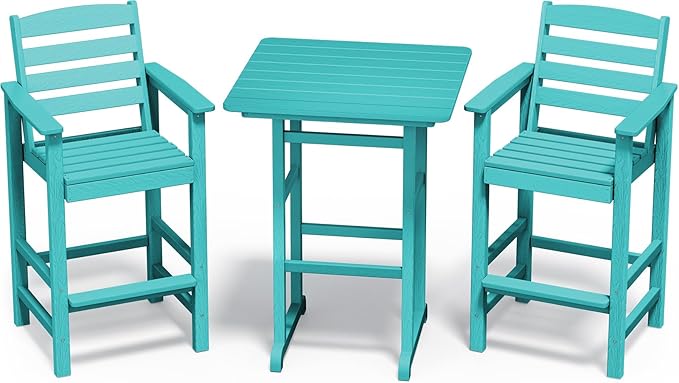 SERWALL Balcony Adirondack Chairs and Table 3 Pieces Set, Adirondack Bar Height Chairs Set of 2 and Bar Table, Outdoor Bar Stools Set for Bistro, Poolside, Backyard, Aruba