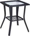 VINGLI Outdoor Side Table with Storage Wicker Patio Side Table, Tempered Glass Top End Table for Balcony Porch Deck (Black)