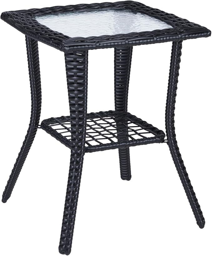 VINGLI Outdoor Side Table with Storage Wicker Patio Side Table, Tempered Glass Top End Table for Balcony Porch Deck (Black)