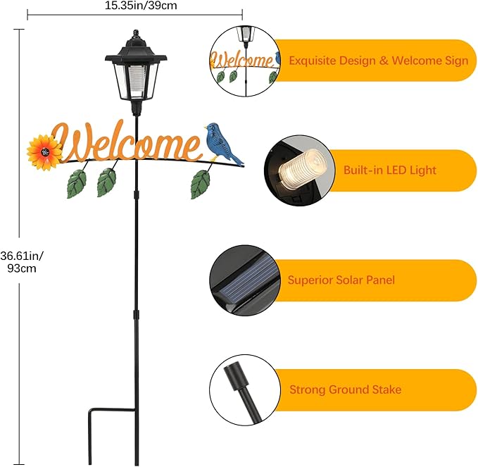 Lewondr Solar Garden Lights Hummingbird, 36.6 Inch Solar Lamp Post Light with Welcome Sign & Hummingbird, Outdoor Waterproof Solar Stake Lights for Yard Porch Patio Pathway Gardening Gifts, 2 Pack