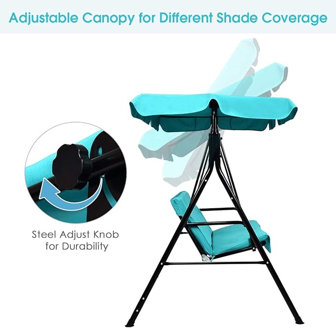 Tangkula 2 Person Porch Swing, Outdoor Swing with Removable Cushions, Solid Steel Structure, Patio Swing with Adjustable Canopy for Porch, Backyard, Garden, Balcony Turquoise