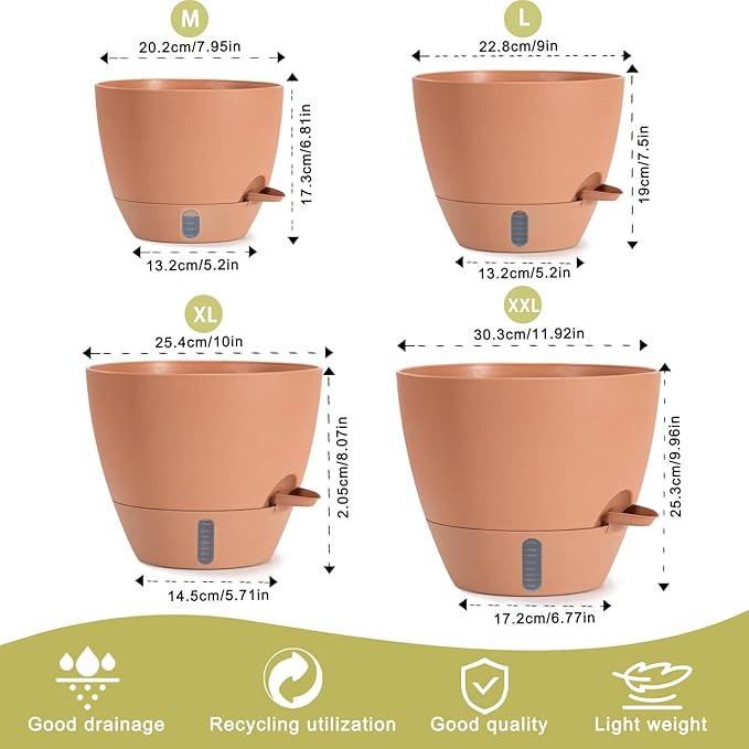 4 Pack Plant Pots,12/10/9/8/ Inch Self Watering Pots for Indoor/Outdoor Plants Deep Reservoir,Nursery Planting Pot for Indoor Out Door Plants (Terracotta,12/10/9/8/ Inch)