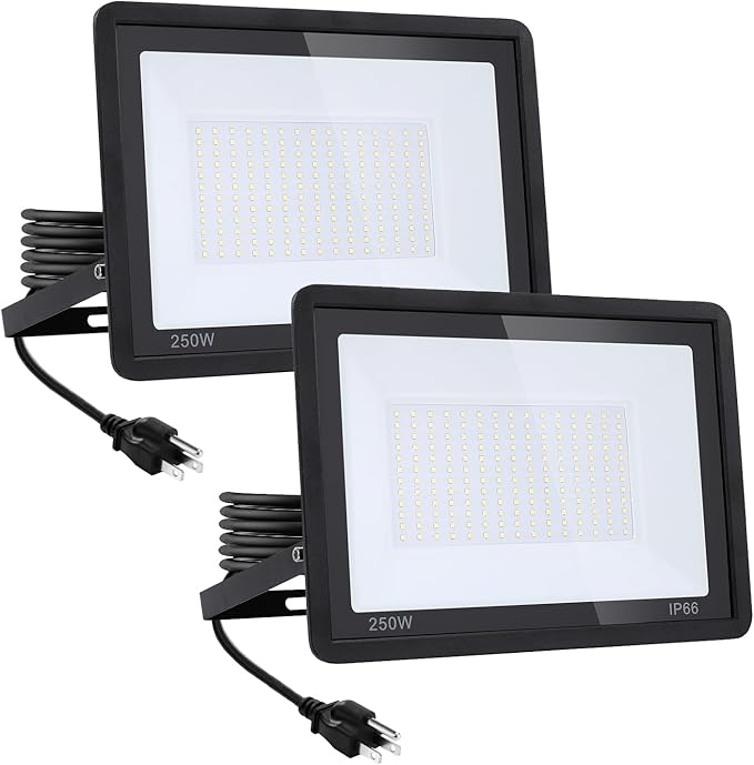 2Pack-250W LED Flood Light Outdoor,27500lm LED Work Light with 6FT US Plug,IP66 Waterproof Exterior Security Lights,6000K Daylight White Outside Floodlights Slim design for Playground Yard Stadium