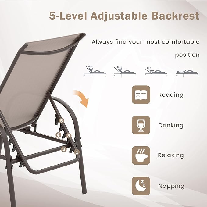 Giantex 2 Pack Patio Lounge Chair, Outdoor Chaise Lounge with 5 Adjustable Backrest, Sturdy Steel Frame, Sunbathing Recliner, Beach Chair, Tanning Chair for Outside, Yard, Balcony, Pool Chairs, Brown