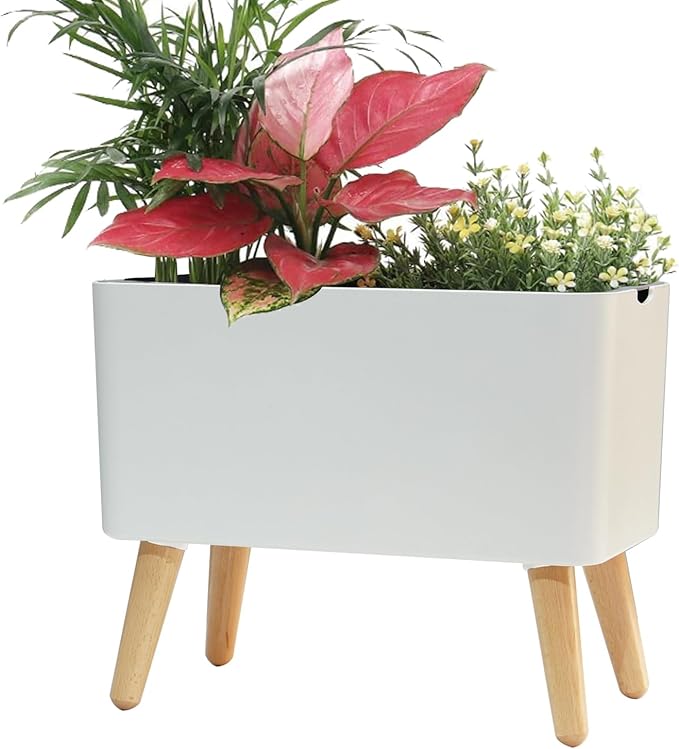 13.5 Inch Indoor Decorative Planter Pot with Solid Wood Legs, Self Watering Pots with Water Shortage Alarm Plant Pot for Modern Flower Planter for Home & Garden(White)