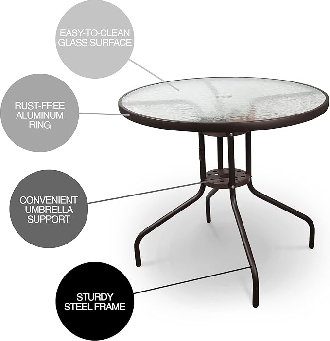 Garden Elements Outdoor Patio Furniture, Round Dining Table, Steel Base and Rim with Water-Wave Glass Top, Brown, 31.5"