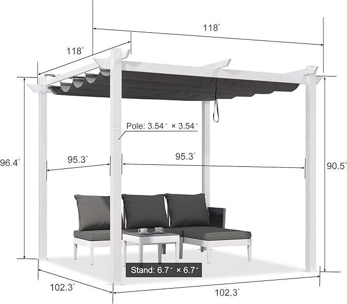 PURPLE LEAF Outdoor Retractable Pergola with Curtains 10' x 10' White Patio Aluminum Pergola with Sun Shade Canopy for Backyard Deck Garden Modern Metal Pergola, Gray