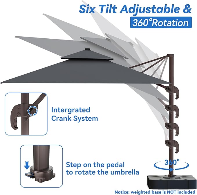 10x13FT Cantilever Outdoor Patio Umbrellas, Double Top Large Rectangle Umbrella, Heavy Duty 360° Rotation Offset Outdoor Sun Shade Umbrella for Garden Deck Pool Backyard Patio, Grey