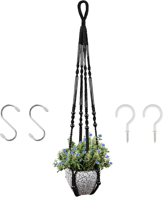 RIFNY Macrame Plant Hanger Indoor, 35 Inch Hanging Plant Holder with Hooks, Large Boho Hanging Basket Plant Hanger for Wall Window Ceiling Plants Decor (Black, 1PC)
