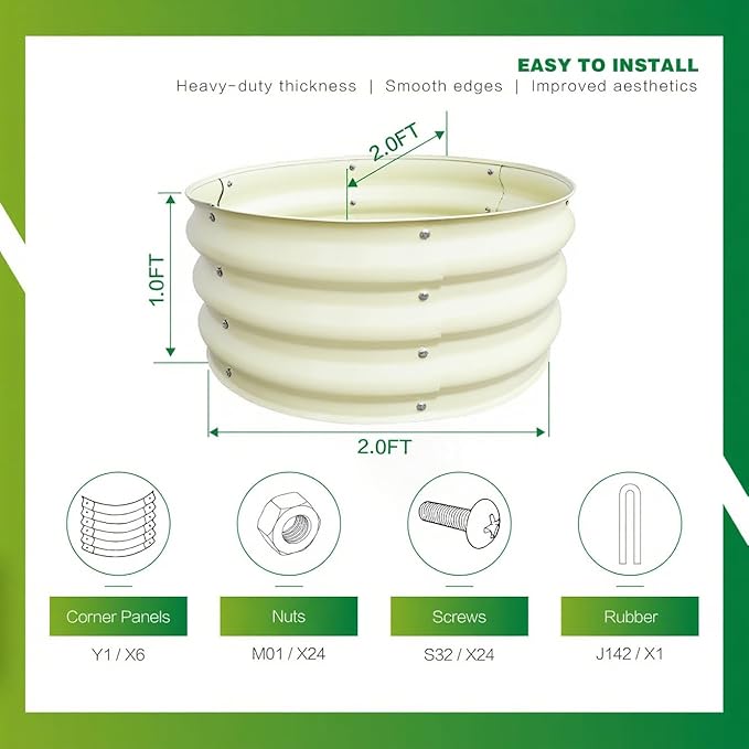 GARDMAX 2x2x1FT Galvanized Round Raised Garden Bed Kit, Metal Planter Boxes Outdoor with Easy Assembly, Large Garden Bed for Vegetables, Fruits, Flower, Herbs Milk White
