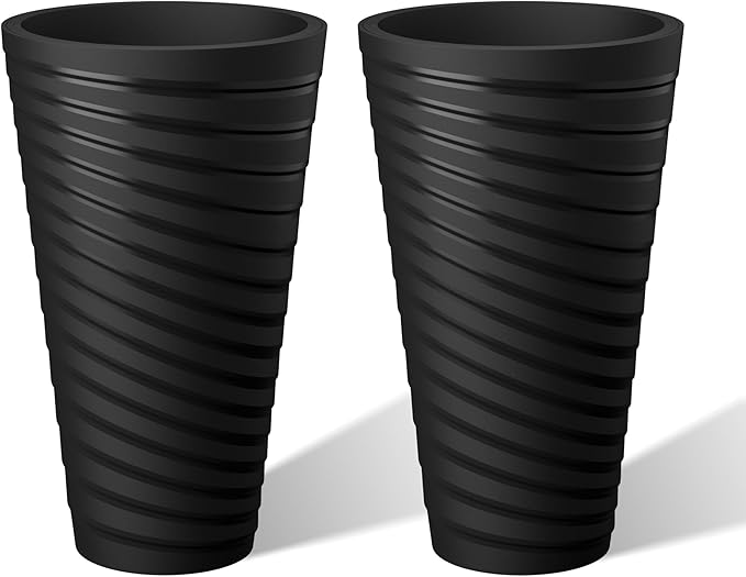 Kante 29 Inch Tall Planter Set of 2, Round Spiral Textured Flower Pots, Decorative Plant Pots for Outdoor Indoor Garden Patio Front Porch (Black)