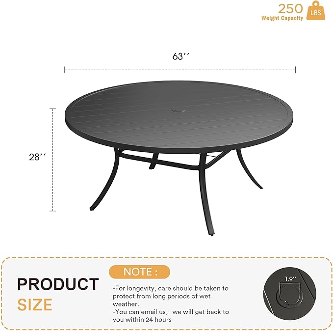 VICLLAX 63" Outdoor Round Patio Table with Umbrella Hole, All Weather Metal Round Outdoor Dining Table for Lawn Garden, 8-10 Person Table, Black