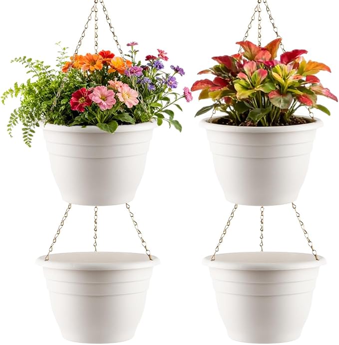 Hanging Planters 10 Inch, 4 Pcs Flower Pots with Drainage Hole, Self Watering Hanging Basket for Indoor Outdoor Plants, Decor, White