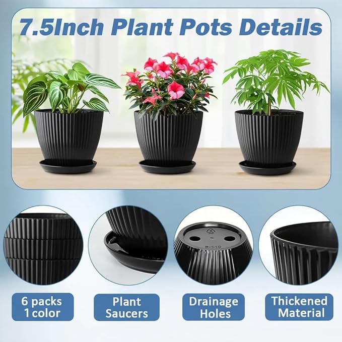7.5 Inch Black Thickened Plastic Plant Pots with Saucers, 6-Pack Modern Seedling Planters for Indoor Outdoor Plants, Durable Heavy-Duty PP Material for Herbs Flowers Vegetables (＜8 inch)