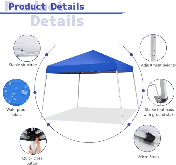 Canopy Tent, 10X10 FT Pop Up Canopy Outdoor Instant Tent Slant Legs with Carrying Bag, Portable Gazebo Shelter for Patio Deck Garden and Beach - 8X8 FT Canopy Cover, Blue
