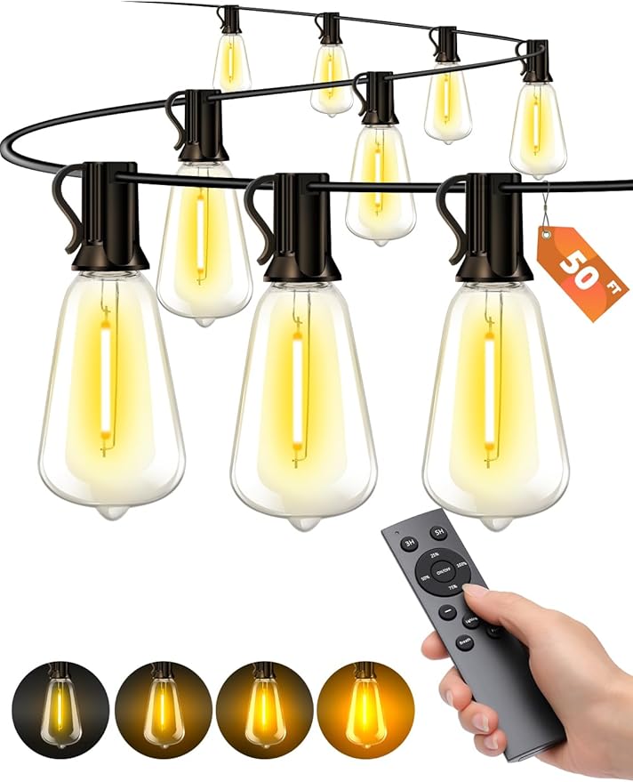 Outdoor Patio String Lights: 50Ft 15M Outside Waterproof Light - Remote Dimmable ST38 Shatterproof Bulb Connectable Hanging Outdoor Electric Lighting - Backyard Yard Gazebo Porch Party