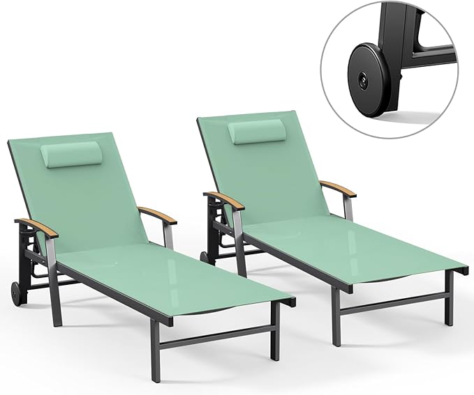 Ciokea Outdoor Lounge Chair with Pillow Set of 2, 5-Position Aluminum Chaise Lounge with Wheels & Armrests, 400 lbs Heavy Duty Patio Pool Chair for Backyard, Deck, Beach & Poolside, Light Green