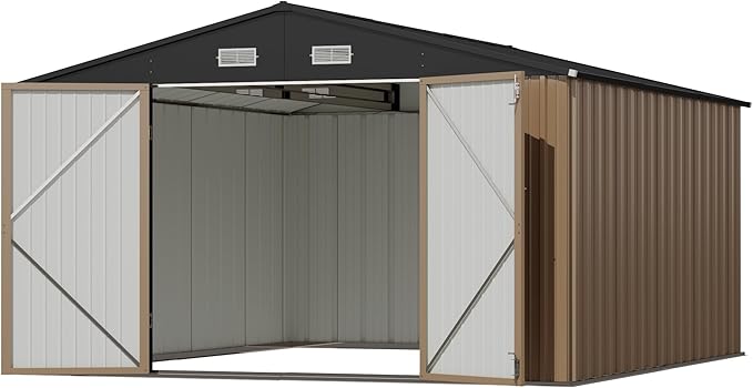 Devoko 10x12 FT Outdoor Storage Shed, Large Metal Storage Sheds with Lockable Door, Utility Garden Tool Shed with Sloping Roof, Outside Steel Storage Sheds for Patio Lawn Backyard, Brown