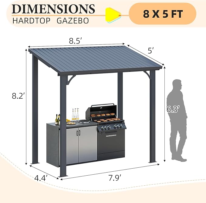 AECOJOY 8' x 5' Hardtop Grill Gazebo Outdoor Pergola, Small Heavy Duty Lean to Metal Pergolas and Gazebos Clearance, Wall-Mounted Grill Gazebo Galvanized Steel Patio Roof Awnings for Patio, Decks