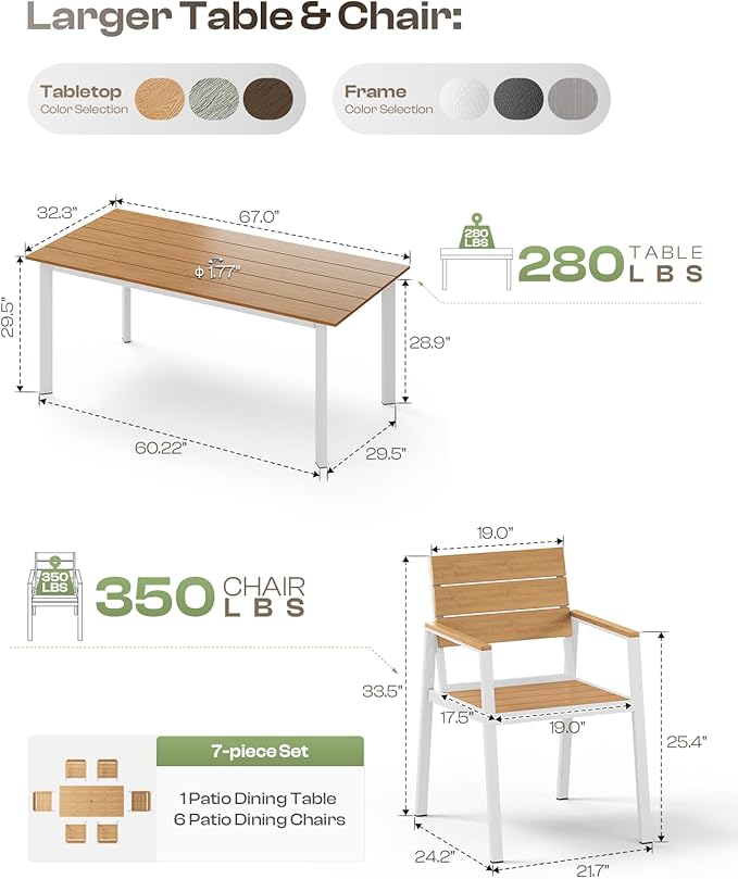 Aluminum Outdoor Dining Set for 6, Patio Table and Chairs Set with Umbrella Hole, 7 Pieces HDPS Outdoor Furniture Sets for Patio, Garden (White & Teak)