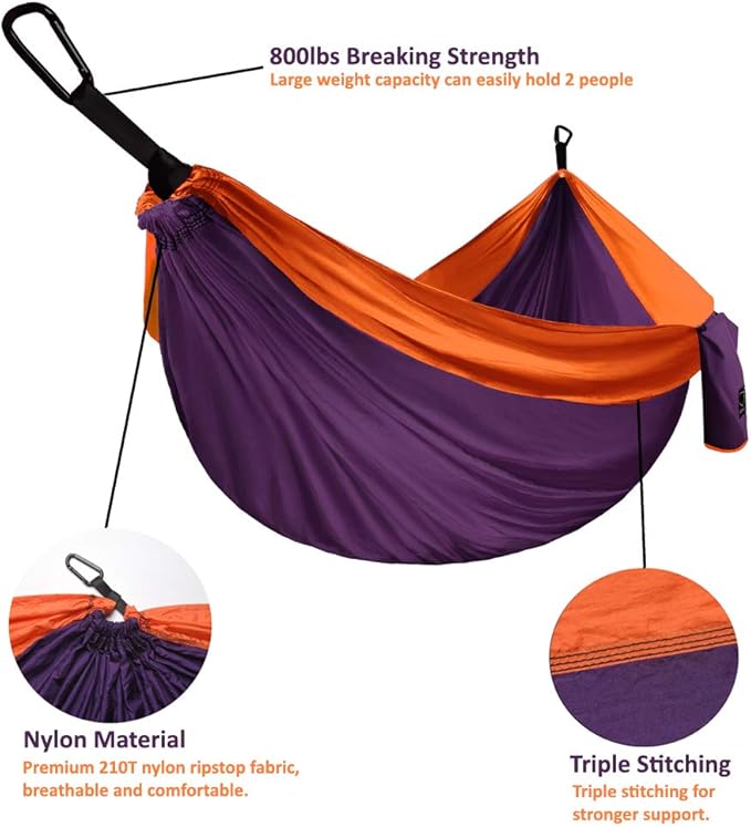 Gold Armour Camping Hammock - XL Double Hammock Portable Hammock Camping Accessories Gear for Outdoor Indoor with Tree Straps, USA Based Brand (Purple and Orange)
