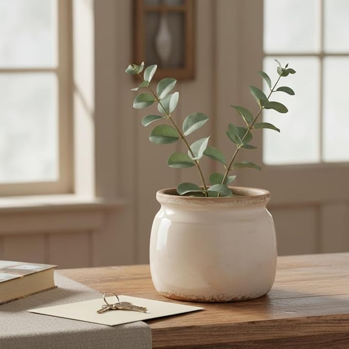 Ceramic Planter & Vase for Wabi Sabi Decor, 6.29 Inch Nordic Minimalist Flower Pot with Drainage Hole for Indoor Plants, Boho Tabletop Bookshelf & Living Room Decoration, Unique Gift (Antique Ivory)
