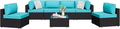 Shintenchi 7 Pieces Outdoor Patio Sectional Sofa Couch,PE Wicker Furniture Conversation Sets with Washable Cushions & Glass Coffee Table for Garden, Poolside, Backyard (Blue)