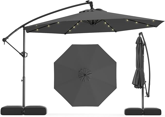 Tangkula 10ft Solar LED Patio Umbrella with Base, Offset Cantilever Outdoor Umbrella with 32 LED Lights, Infinite Tilt, 360 Degree Rotation, Crank Handle for Pool Deck Garden Backyard (Gray)