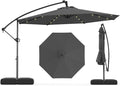Tangkula 10ft Solar LED Patio Umbrella with Base, Offset Cantilever Outdoor Umbrella with 32 LED Lights, Infinite Tilt, 360 Degree Rotation, Crank Handle for Pool Deck Garden Backyard (Gray)