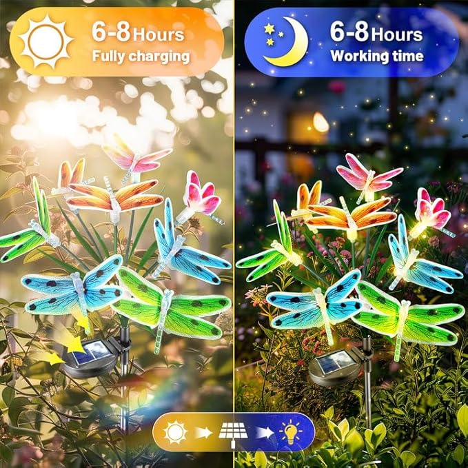 Anordsem Solar Garden Lights Outdoor: 8 Removable Optical Fiber Dragonflies 2 Pack - Waterproof Fun Animal Decoration for Yard Patio Path - Gardening Gifts for Garden Lovers Over 30