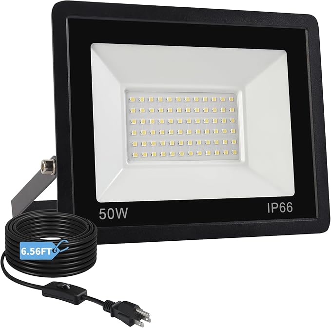 50W Flood Lights Outdoor,8000LM Bright LED Work Light,IP66 Waterproof Outside Lights for Yard with Switch and 6.5FT Plug,6500K Daylight White Portable Outdoor Yard Light for Garage,Garden,Stadium