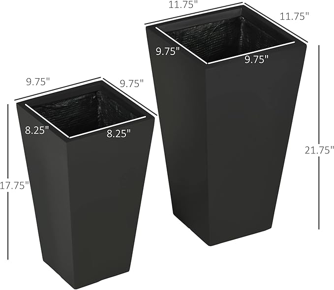 Outsunny 2-Pack Outdoor Planter Set, Flower Pots with Drainage Holes, Durable & Stackable Plant Pot, 22in & 18in, for Porch, Entryway, Patio, Yard, Garden, Black