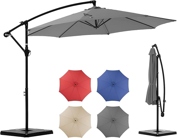 OLIXIS 9.7FT Offset Patio Umbrella with Base, Cantilever Table Umbrellas for Outdoor Sun Shade UV Protection with Easy Tilt Adjustment, 8 Ribs for Backyard, Lawn, Garden, Pool - Grey