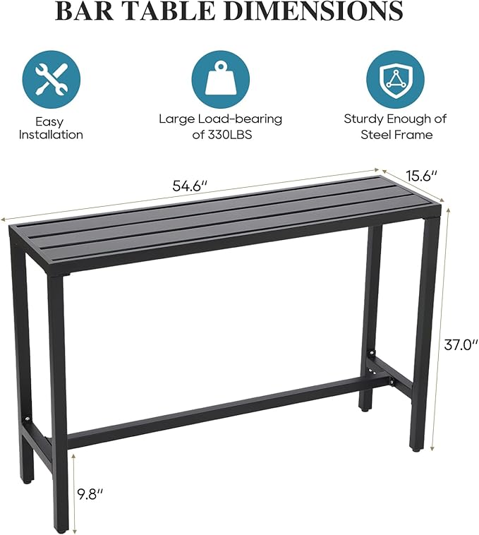 Outdoor Bar Table, Patio Console Pub Height Tables with Powder Coated Steel Frame, Weather Resistant Waterproof Top for Hot Tub, Balcony, Garden, Yard, Poolside (Black, 55" Bar Table)
