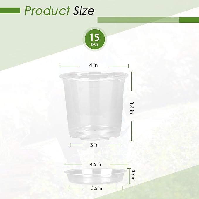 4 Inch Clear Nursery Pots for Plants with Sacuers 15 Pack, Plastic Flower Pots with Drainage Holes, Variety Pack Seedlings Garden Pot for Indoor Outdoor (4 inch)