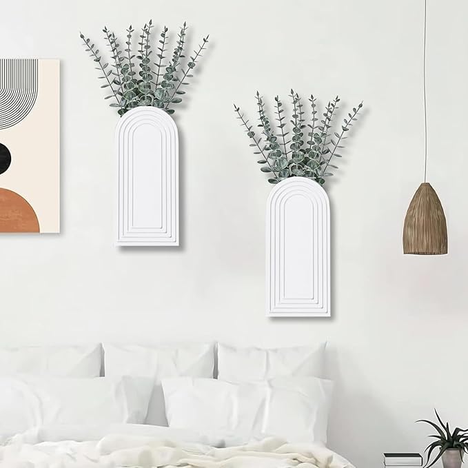 2 Pack Wooden Wall Vase Set - White Finish Modern Farmhouse & Boho Wall Decor for Entryway, Hallway, Bathroom, Living Room, Dining Room, Narrow Spaces