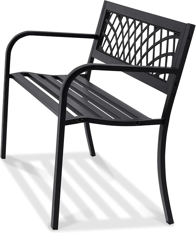 VEVOR Outdoor Bench, 46" Iron Steel Frame Garden Park Bench with Mesh Pattern and Plastic Backrest Armrests, Patio Bench for Garden, Park, Yard, Front Porch