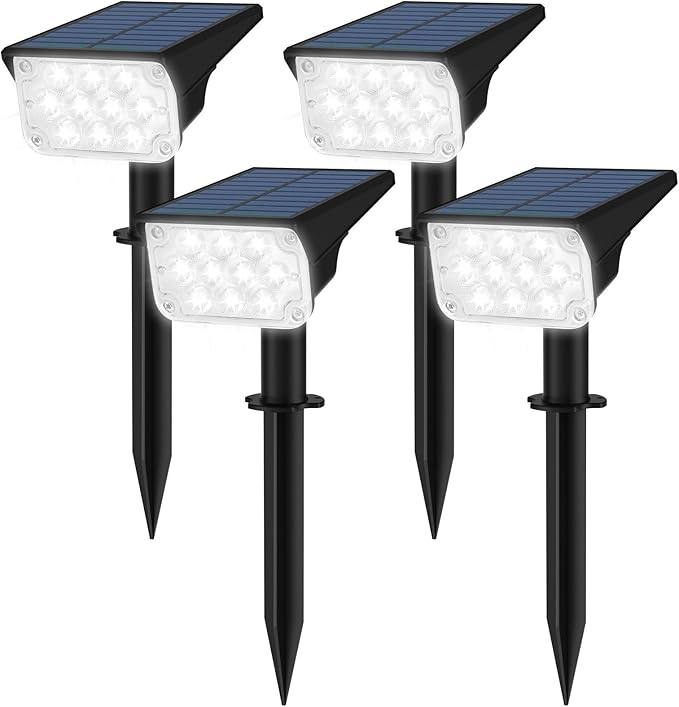T-SUNUS Christmas Solar Spotlights White 6000K IP65 Waterproof 2-in-1 Outdoor Landscape Spot Lights Garden Light for Flag Tree Yard Driveway Porch Walkway Patio Statue Graveyard Halloween 4 Pack