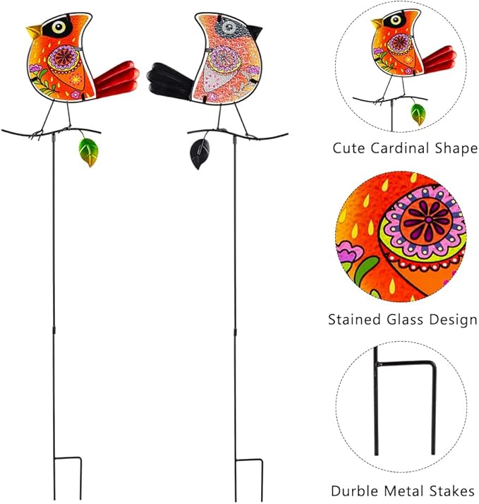 Decorative Garden Stakes,Set of 3 Cardinal Stained Glass Metal Yard Art,Waterproof Outdoor Decor Housewarming Present for Women Mom Grandma