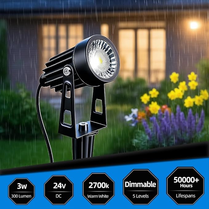 All-in-One Low Voltage Landscape Lighting, Dusk to Dawn Transformer Timer, Waterproof Spotlights, Dimmable LED Outdoor Landscaping Lights Kit for Yard Backyard Tree House 24V (6 pack warm white)