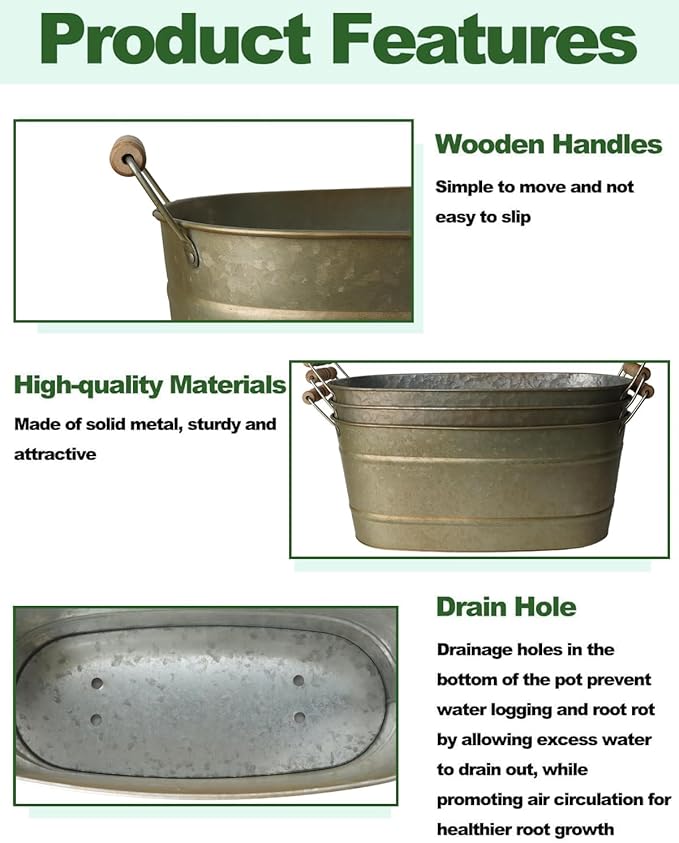 vensovo 15 Inch Galvanized Planters for Outdoor Plants - 3 Pcs Rustic Large Metal Flower Buckets with Drainage & Plug, Farmhouse Style Oval Planter Containers with Handles, Great for Home Decor