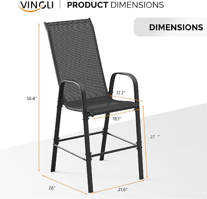 VINGLI Outdoor Bar Chairs Set of 6 – Stackable Outdoor Bar Stools with Sturdy Sling High Back and Armrests for Lawn, Courtyard, Garden, Bar, Black