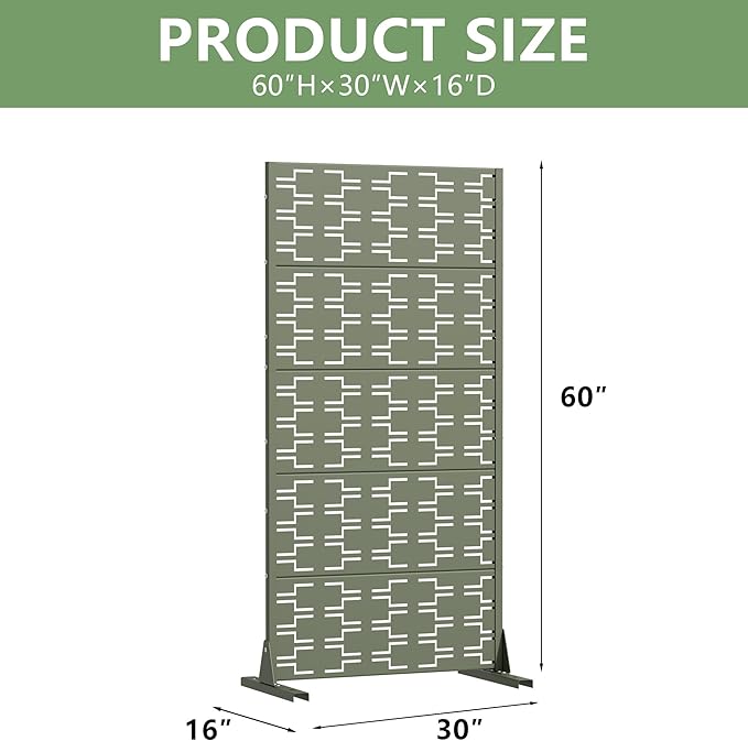 Casaphoria Metal Privacy Screen Outdoor, 60" x 30" W Freestanding Decorative Privacy Screen for Patio Deck Balcony Garden with Stable Base, Green-Brick