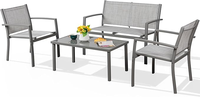 Shintenchi 4 Pieces Patio Furniture Set All Weather Textile Fabric Outdoor Conversation Set, with Glass Coffee Table, Loveseat, 2 Single Chairs for Home, Garden, Lawn, Porch（Silver）