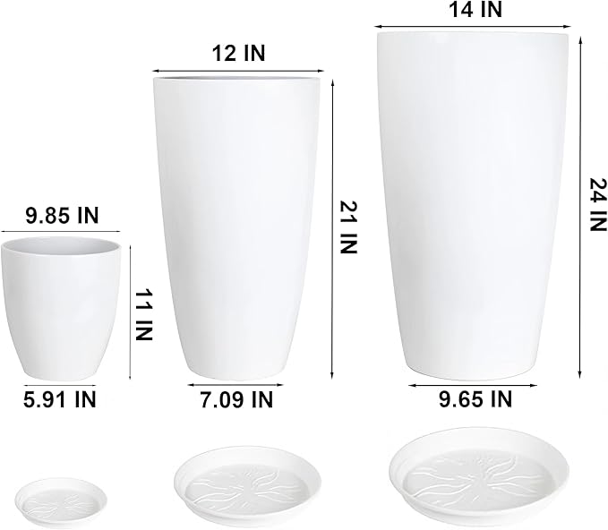 24,21,11 Inch Large Plastic Planters with Drainage Hole and Saucer - Set of 3 Tall Plant Pots Indoor Flower Pot Tall Round Planters Outdoor Large Tall Planter