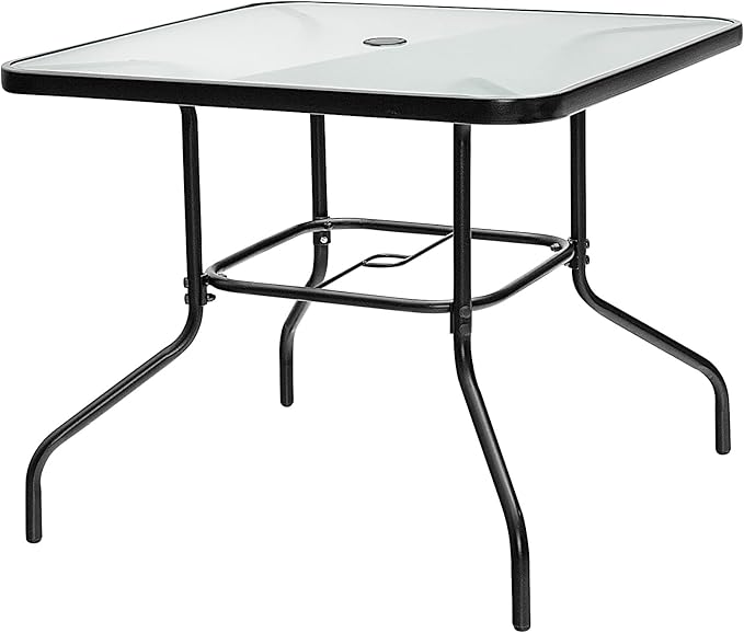 Tangkula 35" Patio Dining Table for 4, Square Outdoor Dining Table with Tempered Glass Tabletop, 1.65" Umbrella Hole & Metal Frame, 4-Person Outside Dining Table for Backyard, Lawn, Deck & Poolside