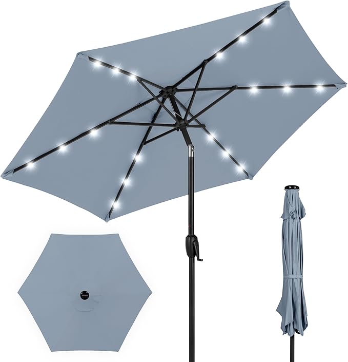 Best Choice Products 7.5ft Outdoor Solar Market Table Patio Umbrella for Deck, Pool w/Tilt, Crank, LED Lights - Breeze Blue