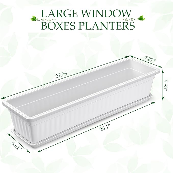 6 Packs 27 Inch Window Flower Box Extra Large Window Sill Herb Garden Long Rectangle Planter Plastic Boxes Outdoor with Drainage Trays for Balcony Windowsill Patio Garden