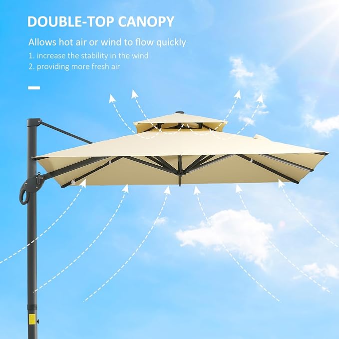 Outsunny 10ft Offset Patio Umbrella, Hanging Cantilever Umbrella, Square Shape, Aluminum Cross Base, Tilt, 360-Degree Rotation