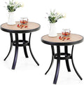 PHI VILLA Outdoor Round Side Table Set of 2, 19" Small Metal End Table with Wood Top, Outside All Weather Coffee Bistro Table for Patio, Deck, Porch, Balcony, Indoor